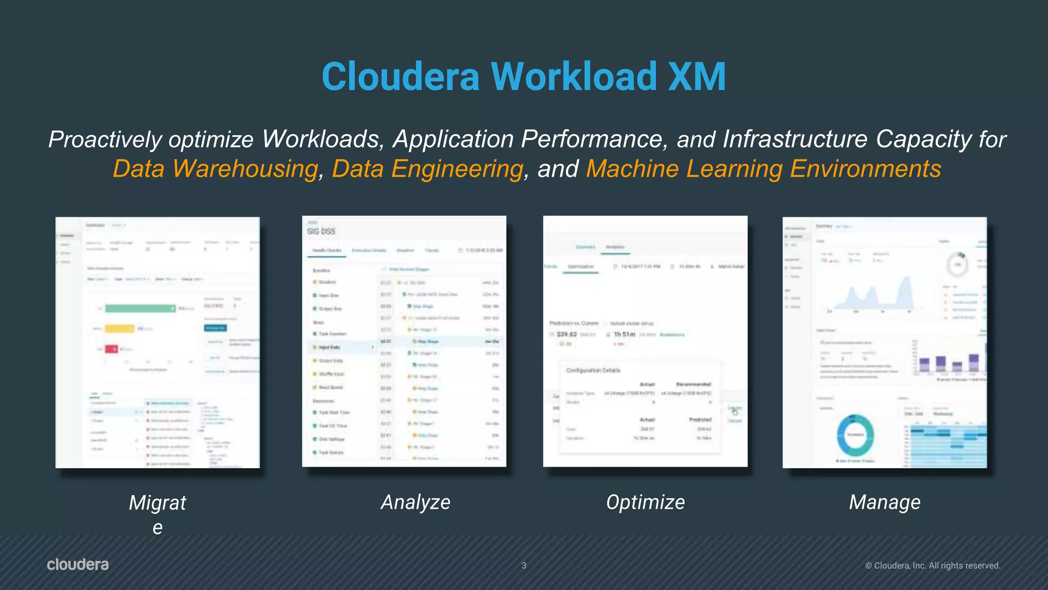 3 © Cloudera, Inc. All rights reserved.
Cloudera Workload XM
Proactively optimize Workloads, Application Performance, and Infrastructure Capacity for
Data Warehousing, Data Engineering, and Machine Learning Environments
Migrat
e
Analyze Optimize Manage
 