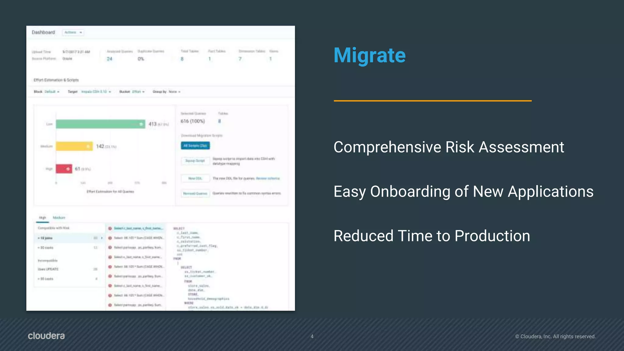 4 © Cloudera, Inc. All rights reserved.
Migrate
Comprehensive Risk Assessment
Easy Onboarding of New Applications
Reduced Time to Production
 