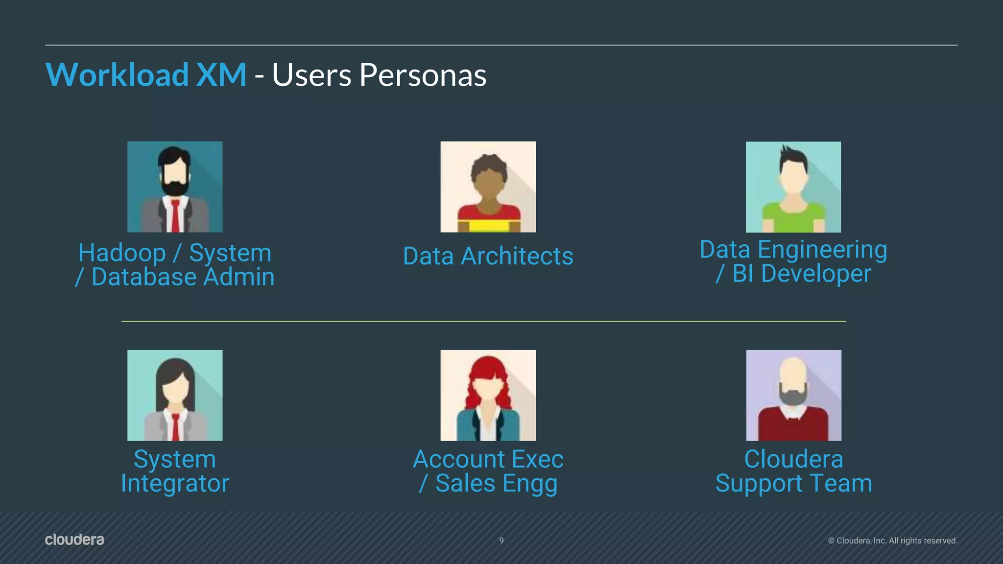 9 © Cloudera, Inc. All rights reserved.
Workload XM - Users Personas
Hadoop / System
/ Database Admin
Data Architects Data Engineering
/ BI Developer
Account Exec
/ Sales Engg
Cloudera
Support Team
System
Integrator
 