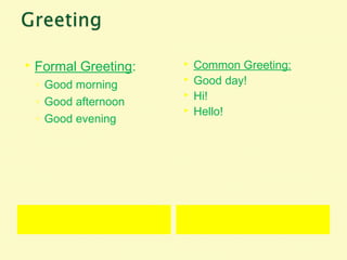  Formal Greeting:
◦ Good morning
◦ Good afternoon
◦ Good evening
 Common Greeting:
 Good day!
 Hi!
 Hello!
 