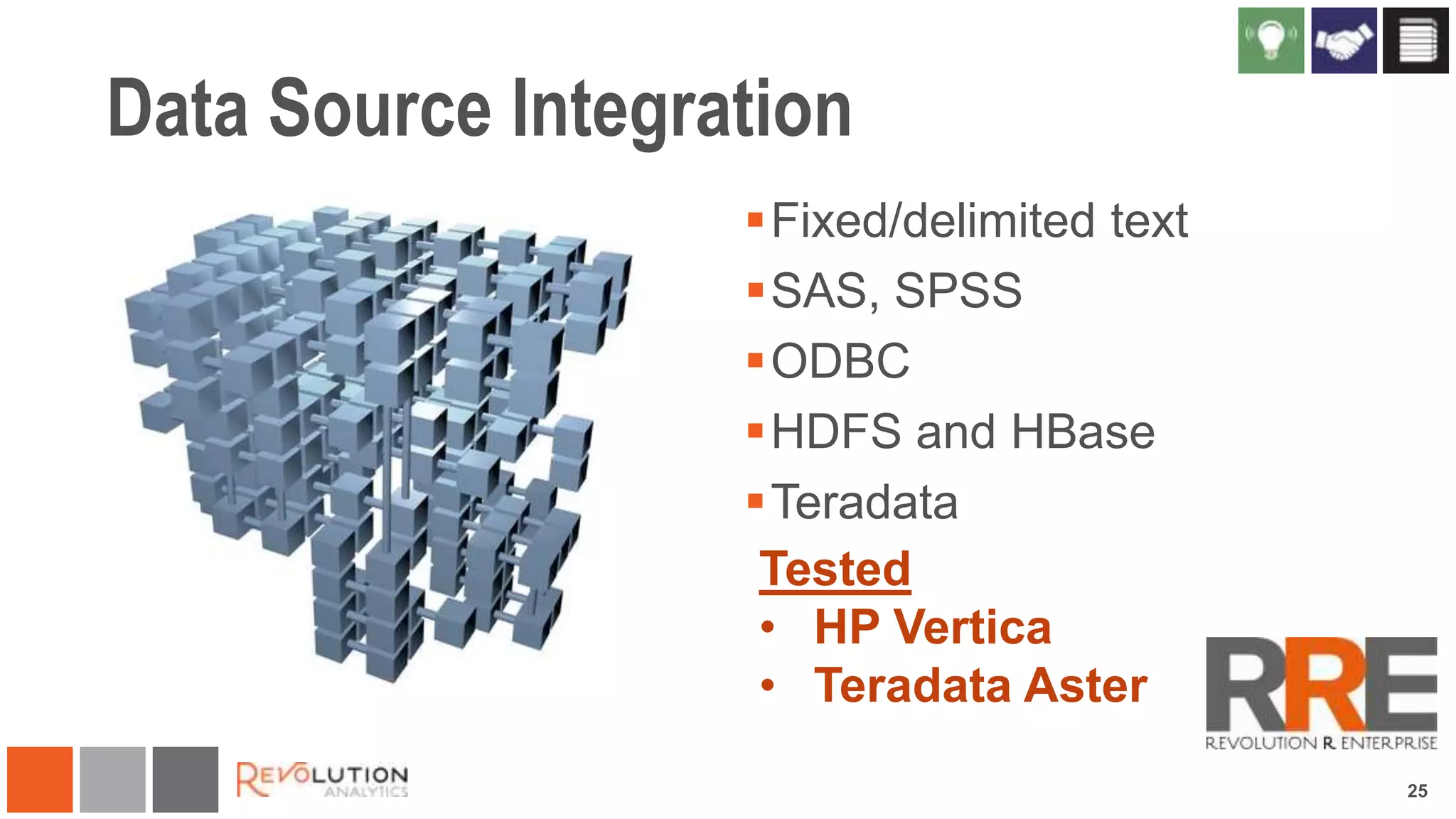 Data Source Integration
Fixed/delimited text
SAS, SPSS
ODBC
HDFS and HBase
Teradata
Tested
• HP Vertica
• Teradata Aster
25

 
