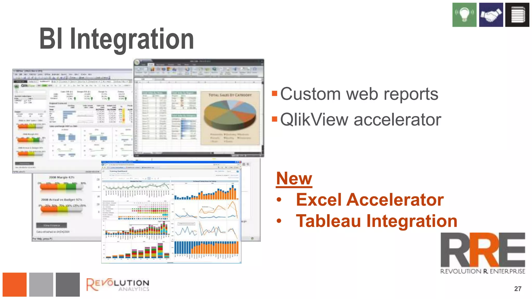 BI Integration
Custom web reports
QlikView accelerator
New
• Excel Accelerator
• Tableau Integration

27

 