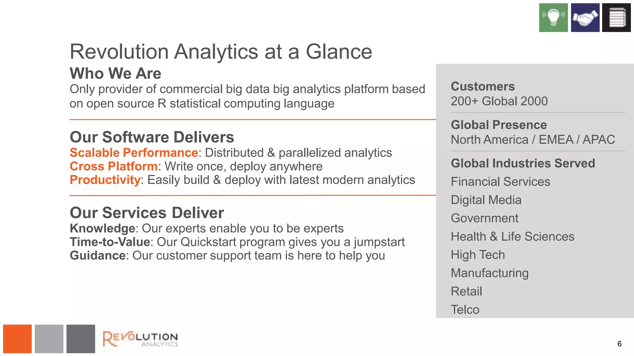 Revolution Analytics at a Glance
Who We Are
Only provider of commercial big data big analytics platform based
on open source R statistical computing language

Customers
200+ Global 2000

Our Software Delivers

Global Presence
North America / EMEA / APAC

Scalable Performance: Distributed & parallelized analytics
Cross Platform: Write once, deploy anywhere
Productivity: Easily build & deploy with latest modern analytics

Our Services Deliver
Knowledge: Our experts enable you to be experts
Time-to-Value: Our Quickstart program gives you a jumpstart
Guidance: Our customer support team is here to help you

Global Industries Served
Financial Services
Digital Media
Government
Health & Life Sciences
High Tech
Manufacturing
Retail
Telco
6

 