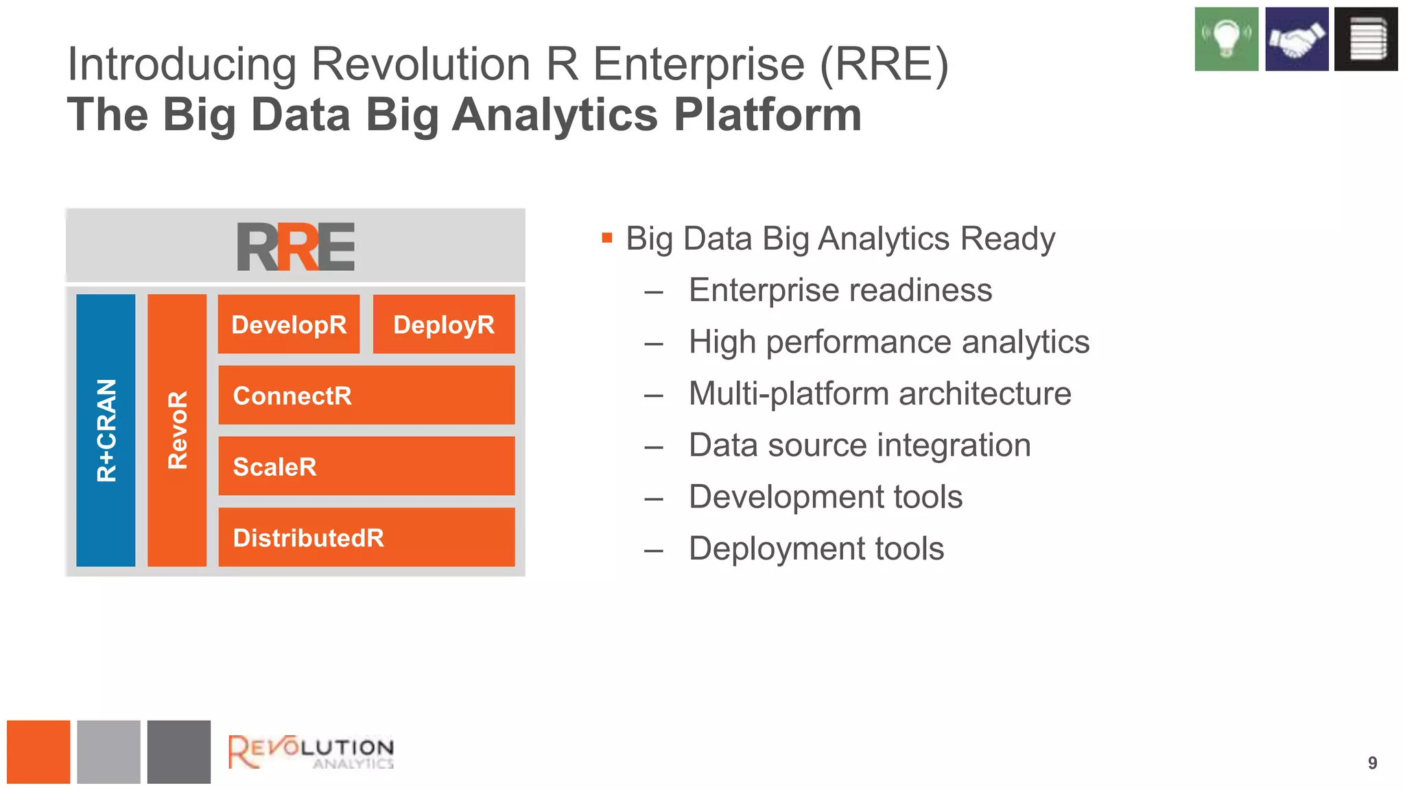 Introducing Revolution R Enterprise (RRE)
The Big Data Big Analytics Platform
 Big Data Big Analytics Ready
– Enterprise readiness
DevelopR
ConnectR
ScaleR
DistributedR

DeployR

– High performance analytics

– Multi-platform architecture
– Data source integration
– Development tools

– Deployment tools

9

 