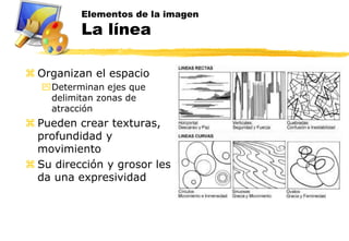 Elementos de la imagen
          La línea

 Organizan el espacio
  Determinan ejes que
   delimitan zonas de
   atracción
 Pueden crear texturas,
  profundidad y
  movimiento
 Su dirección y grosor les
  da una expresividad
 