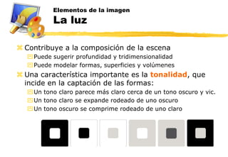 Elementos de la imagen
          La luz

 Contribuye a la composición de la escena
  Puede sugerir profundidad y tridimensionalidad
  Puede modelar formas, superficies y volúmenes
 Una característica importante es la tonalidad, que
  incide en la captación de las formas:
  Un tono claro parece más claro cerca de un tono oscuro y vic.
  Un tono claro se expande rodeado de uno oscuro
  Un tono oscuro se comprime rodeado de uno claro
 