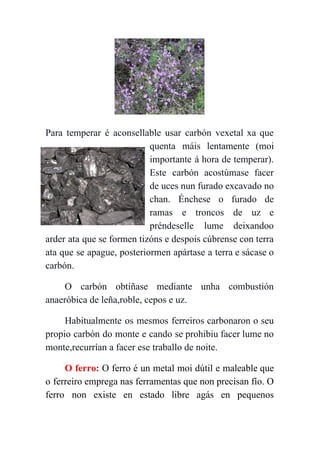  
 
Para temperar é aconsellable usar carbón vexetal xa que                 
quenta máis lentamente (moi       
importante á hora de temperar).         
Este carbón acostúmase facer       
de uces nun furado excavado no           
chan. Énchese o furado de         
ramas e troncos de uz e           
préndeselle lume deixandoo     
arder ata que se formen tizóns e despois cúbrense con terra                     
ata que se apague, posteriormen apártase a terra e sácase o                     
carbón. 
O carbón obtíñase mediante unha combustión           
anaeróbica de leña,roble, cepos e uz. 
Habitualmente os mesmos ferreiros carbonaron o seu             
propio carbón do monte e cando se prohibiu facer lume no                     
monte,recurrían a facer ese traballo de noite. 
O ferro: ​O ferro é un metal moi dútil e maleable que                       
o ferreiro emprega nas ferramentas que non precisan fío. O                   
ferro non existe en estado libre agás en pequenos                 
 