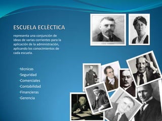 ESCUELA ECLÈCTICArepresenta una conjunción de ideas de varias corrientes para la aplicación de la administración, aplicando los conocimientos de cada escuela.técnicas                           