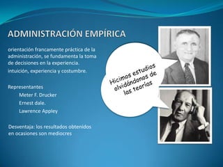 ADMINISTRACIÓN EMPÍRICAorientación francamente práctica de la administración, se fundamenta la toma de decisiones en la experiencia.intuición, experiencia y costumbre.RepresentantesMeter F. DruckerErnest dale.Lawrence AppleyHicimos estudios olvidándonos de las teoríasDesventaja: los resultados obtenidos  en ocasiones son mediocres