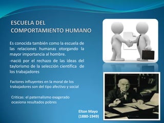 ESCUELA DEL COMPORTAMIENTO HUMANOEs conocida también como la escuela de las relaciones humanas otorgando la mayor importancia al hombre. -nació por el rechazo de las ideas del taylorismo de la selección científica  de los trabajadoresFactores influyentes en la moral de los trabajadores son del tipo afectivo y socialCriticas: el paternalismo exagerado ocasiona resultados pobresElton Mayo(1880-1949)