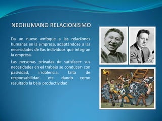 NEOHUMANO RELACIONISMODa un nuevo enfoque a las relaciones humanas en la empresa, adaptándose a las necesidades de los individuos que integran la empresa.Las personas privadas de satisfacer sus necesidades en el trabajo se conducen con pasividad, indolencia, falta de responsabilidad, etc. dando como resultado la baja productividad