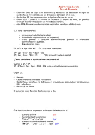 22


   Enero 99. Entra en vigor la U. Económica y Monetaria. Se establecen los tipos de
   cambio fijos e irreversibles para las divisas que participan en el euro.
   Septiembre 99. Las empresas estan obligadas a facturar en euros.
   Enero 2002. Comienza a circular las monedas y billetes del euro, en principio
   conviven durante 6 meses con las monedas nacionales.
   Julio 2002. Desaparecen las monedas nacionales, ya solo es válido el euro.


D.A. tiene 4 componentes

      -   consumo privado (de las familias)
      -   inversión bruta privada(la de las empresas)
      -   Gasto publico: - consumo administraciones           públicas   e   inversiones
          administraciones públicas.
      -   Exportaciones netas

DA = Cpr + Ibpr + G + XN    G= consumo e inversiones

DA= Cpr + Cpu + IBpr + IBpm + XN
DA= Cpr + Cpu + FBK + XN        FBK: formación bruta de capital.

¿Cómo se obtiene el equilibrio macroeconómico?

Cuando la SA = DA
SA = PIBpm= Cpr + Cpm + FBK + XN este es el quilibrio macroeconómico.


Origen DA

   Salarios
   Capital financiero: intereses + dividendos
   Capital físico: beneficios no distribuidos + impuestos de sociedades y contribuciones
   S.S. + alquileres
   Rentas de las tierras

Si sumamos estos 4 puntos da el origen de la DA.




Que desplazamientos se generan en la curva de la demanda si:

      -   aumenta el IRPF                    DA'
      -   Aumentan las transferencias
           TR     Yd     C    DA             DA"
      -   aumenta la oferta monetaria nominal.
           Ms y P     Ms7P      r    I   DA DA"

                                                                                      22
 