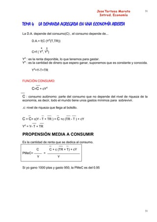 31




TEMA 4      LA DEMANDA AGREGADA EN UNA ECONOMÍA ABIERTA
La D.A. depende del consumo(C) , el consumo depende de...

       D.A.= f(C (Yd(T,TR))

             + +
       C=f ( Yd, Ye)

Yd : es la renta disponible, lo que tenemos para gastar.
Ye : es la cantidad de dinero que espero ganar, suponemos que es constante y conocida.

       Yd=Y-T+TR


FUNCIÓN CONSUMO:

       C=C + cYd

C : consumo autónomo: parte del consumo que no depende del nivel de riqueza de la
economía, es decir, todo el mundo tiene unos gastos mínimos para sobrevivir.

.c: nivel de riqueza que llega al bolsillo.


C = C+ c(Y - T + TR ) = C +c (TR - T ) + cY
Yd = Y- T + TR

PROPENSIÓN MEDIA A CONSUMIR
Es la cantidad de renta que se dedica al consumo.

           C           C + c (TR + T) + cY
PMeC=            =
           Y                Y


Si yo gano 1000 ptas y gasto 950, la PMeC es del 0.95




                                                                                    31
 