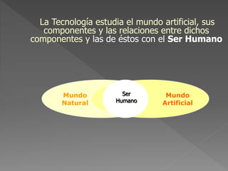 Mundo
Natural
Mundo
Artificial
Ser
Humano
La Tecnología estudia el mundo artificial, sus
componentes y las relaciones entre dichos
componentes y las de éstos con el Ser Humano
 