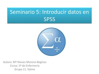 Seminario 5: Introducir datos en
SPSS
Autora: Mª Nieves Moreno Begines
Curso: 1º de Enfermería
Grupo 11. Valme
 