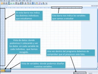 Vista de datos: donde
podremos ir colocando y ver
los datos en cada variable de
cada individuo, que hemos
recogido.
En esta barra nos indica
los distintos individuos
que estudiamos
Esta barra nos indica las variables
que vamos a estudiar
Una vez dentro del programa debemos de
comprobar que el processor este listo.
Vista de variables: donde podemos diseñar
nuestras variables
 