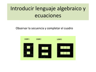 Introducir lenguaje algebraico y
ecuaciones
Observar la secuencia y completar el cuadro
 