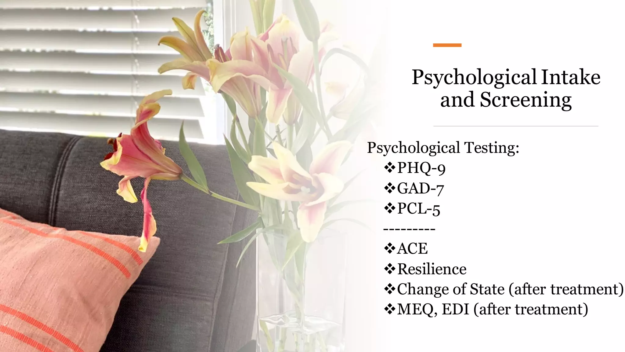 Psychological Intake
and Screening
Psychological Testing:
❖PHQ-9
❖GAD-7
❖PCL-5
---------
❖ACE
❖Resilience
❖Change of State (after treatment)
❖MEQ, EDI (after treatment)
 