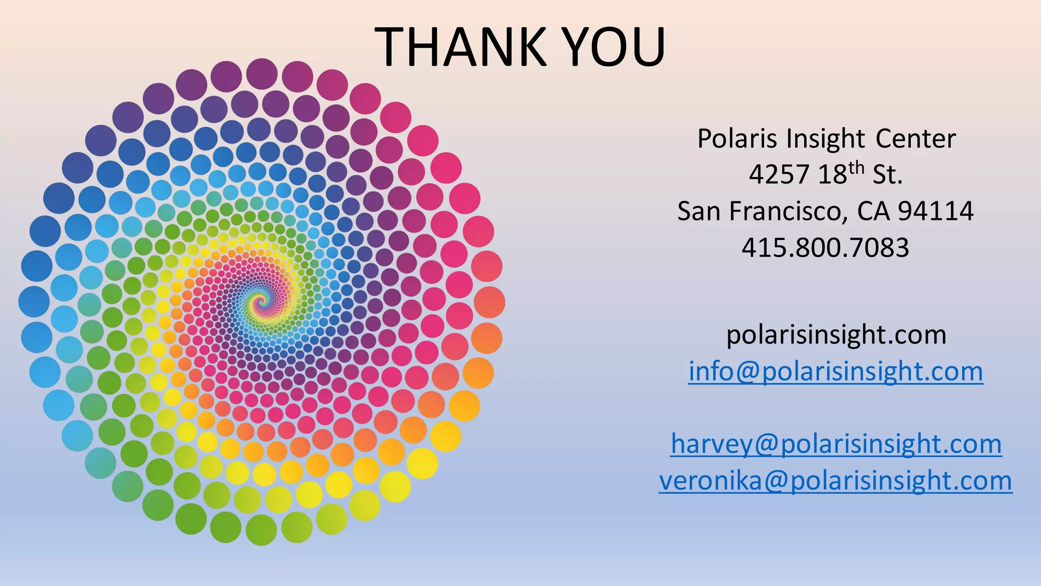 Polaris Insight Center
4257 18th St.
San Francisco, CA 94114
415.800.7083
polarisinsight.com
info@polarisinsight.com
harvey@polarisinsight.com
veronika@polarisinsight.com
THANK YOU
 
