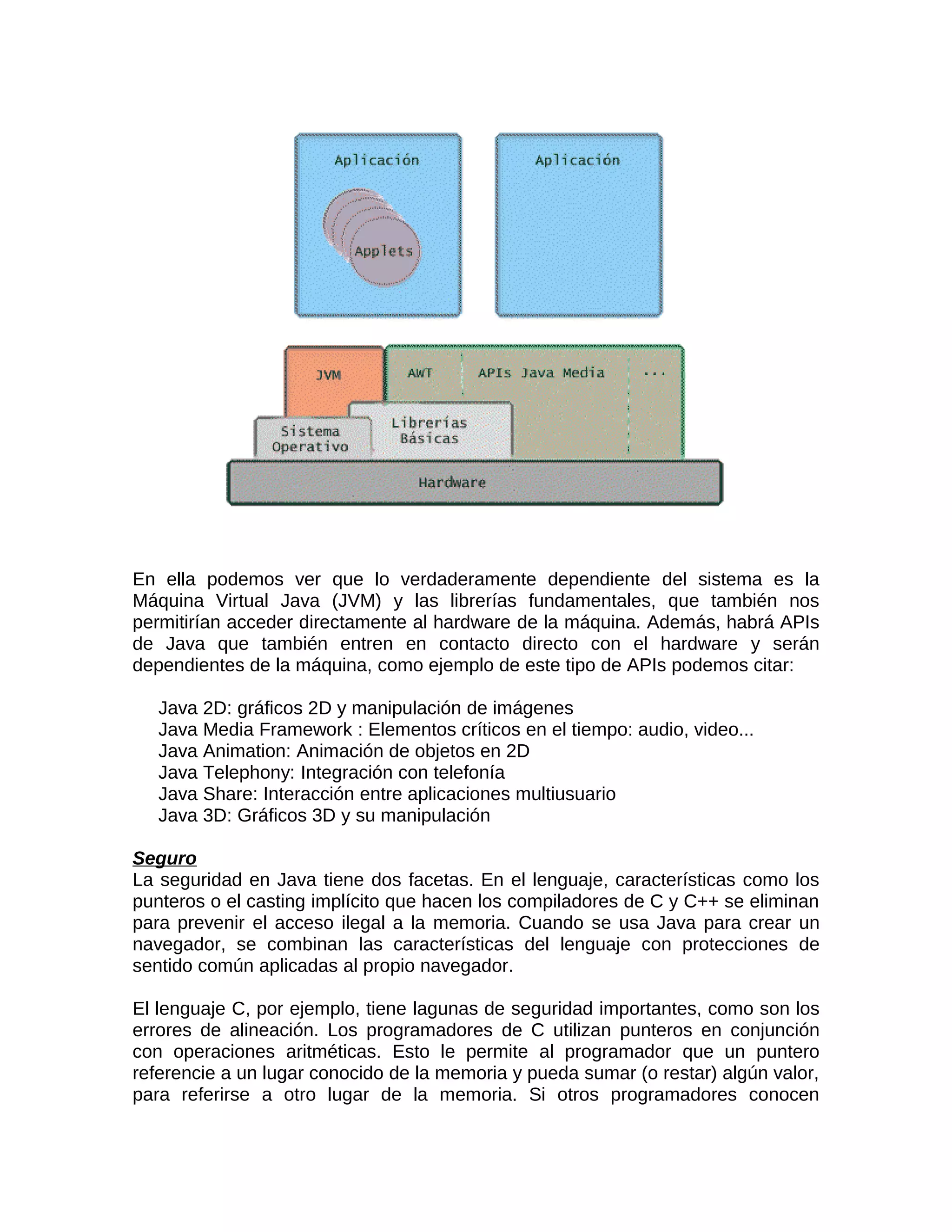 En ella podemos ver que lo verdaderamente dependiente del sistema es la
Máquina Virtual Java (JVM) y las librerías fundamentales, que también nos
permitirían acceder directamente al hardware de la máquina. Además, habrá APIs
de Java que también entren en contacto directo con el hardware y serán
dependientes de la máquina, como ejemplo de este tipo de APIs podemos citar:

   Java 2D: gráficos 2D y manipulación de imágenes
   Java Media Framework : Elementos críticos en el tiempo: audio, video...
   Java Animation: Animación de objetos en 2D
   Java Telephony: Integración con telefonía
   Java Share: Interacción entre aplicaciones multiusuario
   Java 3D: Gráficos 3D y su manipulación

Seguro
La seguridad en Java tiene dos facetas. En el lenguaje, características como los
punteros o el casting implícito que hacen los compiladores de C y C++ se eliminan
para prevenir el acceso ilegal a la memoria. Cuando se usa Java para crear un
navegador, se combinan las características del lenguaje con protecciones de
sentido común aplicadas al propio navegador.

El lenguaje C, por ejemplo, tiene lagunas de seguridad importantes, como son los
errores de alineación. Los programadores de C utilizan punteros en conjunción
con operaciones aritméticas. Esto le permite al programador que un puntero
referencie a un lugar conocido de la memoria y pueda sumar (o restar) algún valor,
para referirse a otro lugar de la memoria. Si otros programadores conocen
 
