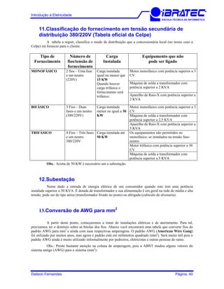 Introdução à Eletricidade
ESCOLA TÉCNICA DE INFORMÁTICA
11.Classificação do fornecimento em tensão secundária de
distribuição 380/220V (Tabela oficial da Celpe)
A tabela a seguir, classifica o modo de distribuição que a concessionária local (no nosso caso a
Celpe) irá fornecer para o cliente.
Tipo de
Fornecimento
Número de
fios/tensão de
fornecimento
Carga
Instalada
Equipamento que não
pode ser ligado
Motor monofásico com potência superior a 3
CV.
Máquina de solda a transformador com
potência superior a 2 KVA
MONOFÁSICO 2 fios – Uma fase
e um neutro
(220V)
Carga instalada
igual ou menor que
15 KW
Quando houver
carga trifásica o
fornecimento será
trifásico. Aparelho de Raio-X com potência superior a
2 KVA
Motor monofásico com potência superior a 3
CV
Máquina de solda a transformador com
potência superior a 2,5 KVA
BIFÁSICO 3 Fios – Duas
fases e um neutro
(380/220V)
Carga instalada
menor ou igual a 30
KW
Aparelho de Raio-X com potência superior a
5 KVA
Os equipamentos não permitidos no
monofásico, se instalados na tensão fase-
neutro
Motor trifásico com potência superior a 30
CV
TRIFÁSICO 4 Fios – Três fases
e um neutro
380/220V
Carga instalada até
50 KW
Máquina de solda a transformador com
potência superior a 5 KVA
Obs.: Acima de 50 KW é necessário um a subestação.
12.Subestação
Nome dado a entrada de energia elétrica de um consumidor quando este tem uma potência
instalada superior a 50 KVA. É dotada de transformador e sua alimentação é em geral na rede de média e alta
tensão, pode ser do tipo aérea (transformador fixado no poste) ou abrigada (cubículo de alvenaria).
13.Conversão de AWG para mm2
A partir deste ponto, começaremos a tratar de instalações elétricas e de aterramento. Para tal,
precisamos ter o domínio sobre as bitolas dos fios. Abaixo você encontrará uma tabela que converte fios do
padrão AWG para mm2
e ainda com suas respectivas amperagens. O padrão AWG (American Wire Gang)
foi utilizado por muitos anos, mas agora o padrão está em milímetros quadrado (mm2
). Será muito útil pois o
padrão AWG ainda é muito utilizado informalmente por pedreiros, eletricistas e outras pessoas do ramo.
Obs.: Preste bastante atenção na coluna de amperagem, pois a ABNT mudou alguns valores do
sistema antigo (AWG) para o sistema (mm2
).
Dailson Fernandes Página: 40
 