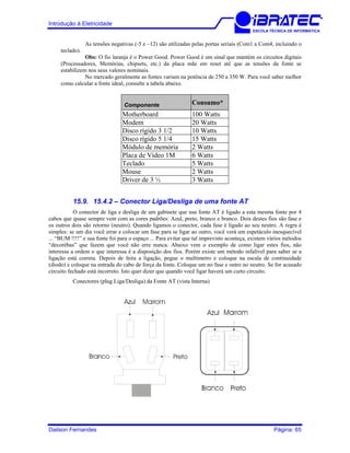 Introdução à Eletricidade
ESCOLA TÉCNICA DE INFORMÁTICA
As tensões negativas (-5 e –12) são utilizadas pelas portas seriais (Com1 a Com4, incluindo o
teclado).
Obs: O fio laranja é o Power Good. Power Good é um sinal que mantém os circuitos digitais
(Processadores, Memórias, chipsets, etc.) da placa mãe em reset até que as tensões da fonte se
estabilizem nos seus valores nominais.
No mercado geralmente as fontes variam na potência de 250 a 350 W. Para você saber melhor
como calcular a fonte ideal, consulte a tabela abaixo.
Componente Consumo*
Motherboard 100 Watts
Modem 20 Watts
Disco rígido 3 1/2 10 Watts
Disco rígido 5 1/4 15 Watts
Módulo de memória 2 Watts
Placa de Vídeo 1M 6 Watts
Teclado 5 Watts
Mouse 2 Watts
Driver de 3 ½ 3 Watts
15.9. 15.4.2 – Conector Liga/Desliga de uma fonte AT
O conector de liga e desliga de um gabinete que usa fonte AT é ligado a esta mesma fonte por 4
cabos que quase sempre vem com as cores padrões: Azul, preto, branco e branco. Dois destes fios são fase e
os outros dois são retorno (neutro). Quando ligamos o conector, cada fase é ligado ao seu neutro. A regra é
simples: se um dia você errar e colocar um fase para se ligar ao outro, você verá um espetáculo inesquecível
... “BUM !!!!” e sua fonte foi para o espaço ... Para evitar que tal imprevisto aconteça, existem vários métodos
“decorébas” que fazem que você não erre nunca. Abaixo vem o exemplo de como ligar estes fios, não
interessa a ordem o que interessa é a disposição dos fios. Porém existe um método infalível para saber se a
ligação está correta. Depois de feita a ligação, pegue o multímetro e coloque na escala de continuidade
(diodo) e coloque na entrada do cabo de força da fonte. Coloque um no fase e outro no neutro. Se for acusado
circuito fechado está incorreto. Isto quer dizer que quando você ligar haverá um curto circuito.
Conectores (plug Liga/Desliga) da Fonte AT (vista Interna)
Dailson Fernandes Página: 65
 