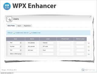 WPX Enhancer




 Bologna - WordCamp 2012

venerdì 23 novembre 12
 