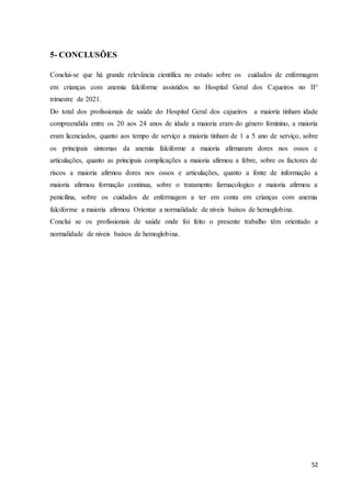 52
5- CONCLUSÕES
Conclui-se que há grande relevância científica no estudo sobre os cuidados de enfermagem
em crianças com anemia falciforme assistidos no Hospital Geral dos Cajueiros no II°
trimestre de 2021.
Do total dos profissionais de saúde do Hospital Geral dos cajueiros a maioria tinham idade
compreendida entre os 20 aos 24 anos de idade a maioria eram do género feminino, a maioria
eram licenciados, quanto aos tempo de serviço a maioria tinham de 1 a 5 ano de serviço, sobre
os principais sintomas da anemia falciforme a maioria afirmaram dores nos ossos e
articulações, quanto as principais complicações a maioria afirmou a febre, sobre os factores de
riscos a maioria afirmou dores nos ossos e articulações, quanto a fonte de informação a
maioria afirmou formação continua, sobre o tratamento farmacologico e maioria afirmou a
penicilina, sobre os cuidados de enfermagem a ter em conta em crianças com anemia
falciforme a maioria afirmou Orientar a normalidade de níveis baixos de hemoglobina.
Conclui se os profissionais de saúde onde foi feito o presente trabalho têm orientado a
normalidade de niveis baixos de hemoglobina.
 