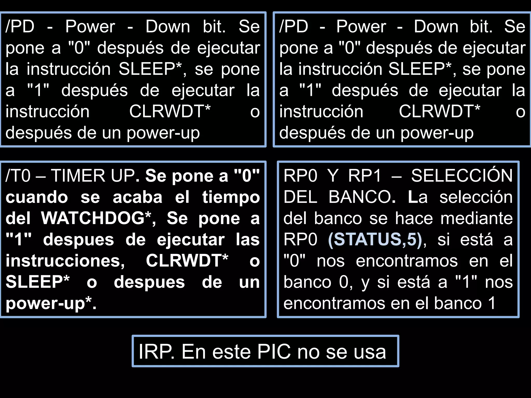 Registros internosEstos registros se usan para controlar los pines del pic, consultar los resultados de las operaciones de la ALU (unidad aritmética lógica), cambiar de banco de memoria... entre otras cosas. 