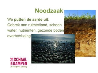 Noodzaak
We putten de aarde uit:
Gebrek aan ruimte/land, schoon
water, nutriënten, gezonde bodem,
overbevissing
 