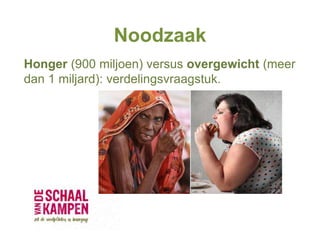 Noodzaak
Honger (900 miljoen) versus overgewicht (meer
dan 1 miljard): verdelingsvraagstuk.
 