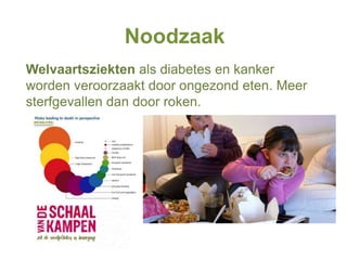Noodzaak
Welvaartsziekten als diabetes en kanker
worden veroorzaakt door ongezond eten. Meer
sterfgevallen dan door roken.
 