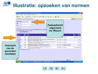 Illustratie: opzoeken van normen
Zoekopdracht
uitgevoerd
via ‘Woord’
Overzicht
van de
gevonden
resultaten
 