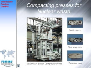 Introduction
Fontijne
Grotnes        Compacting presses for
                  Nuclear waste


                                                  Electric motors




                                                 Steel scrap parts




               20.000 kN Super Compactor Press   Paper and rags
 