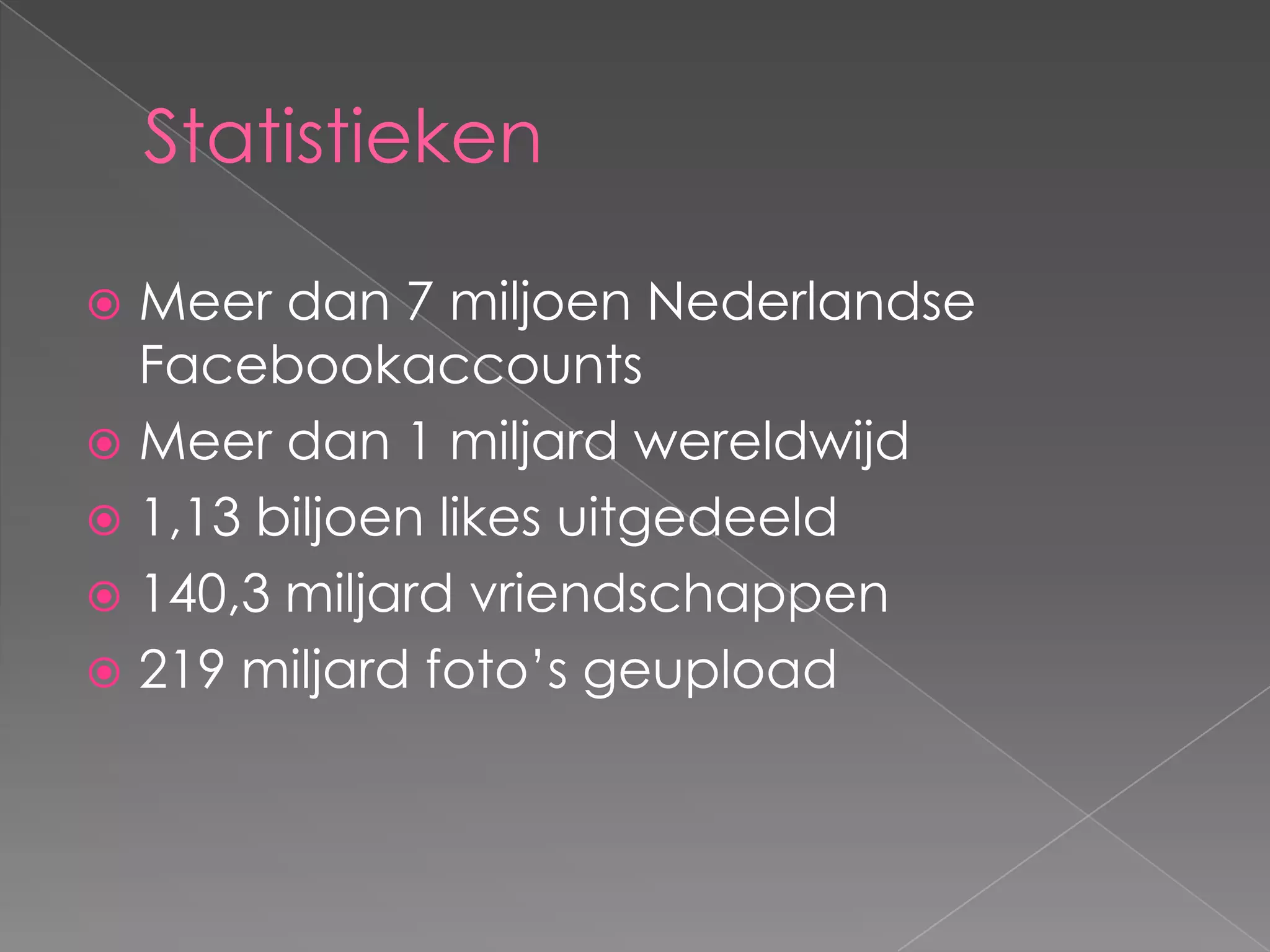 Statistieken

 Meer dan 7 miljoen Nederlandse
  Facebookaccounts
 Meer dan 1 miljard wereldwijd
 1,13 biljoen likes uitgedeeld
 140,3 miljard vriendschappen
 219 miljard foto’s geupload
 
