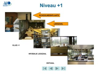 Niveau +1
ONTHAAL
INFOBALIE LEESZAAL
KLUIS +1
SCHOOLWERKPLAATS
LEESZAAL
 