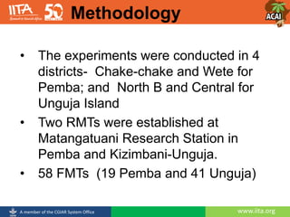 www.iita.orgA member of the CGIAR System Office
• The experiments were conducted in 4
districts- Chake-chake and Wete for
Pemba; and North B and Central for
Unguja Island
• Two RMTs were established at
Matangatuani Research Station in
Pemba and Kizimbani-Unguja.
• 58 FMTs (19 Pemba and 41 Unguja)
Methodology
 