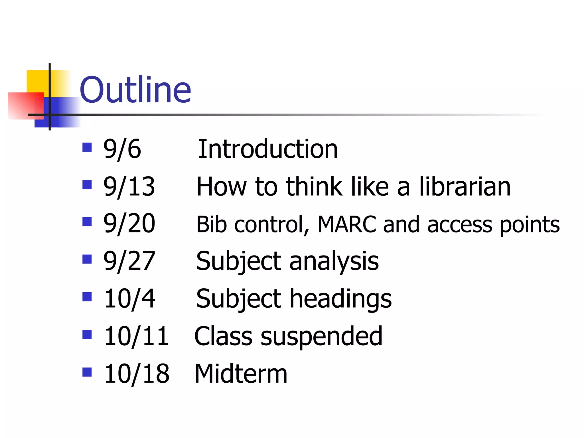 Outline 9/6  Introduction 9/13  How to think like a librarian 9/20  Bib control, MARC and access points 9/27  Subject analysis 10/4  Subject headings 10/11  Class suspended 10/18  Midterm 