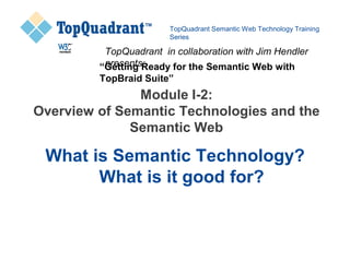 TopQuadrant Semantic Web Technology Training
                        Series

          TopQuadrant in collaboration with Jim Hendler
          presents:
         “Getting Ready for the Semantic Web with
         TopBraid Suite”
               Module I-2:
Overview of Semantic Technologies and the
              Semantic Web

 What is Semantic Technology?
       What is it good for?
 