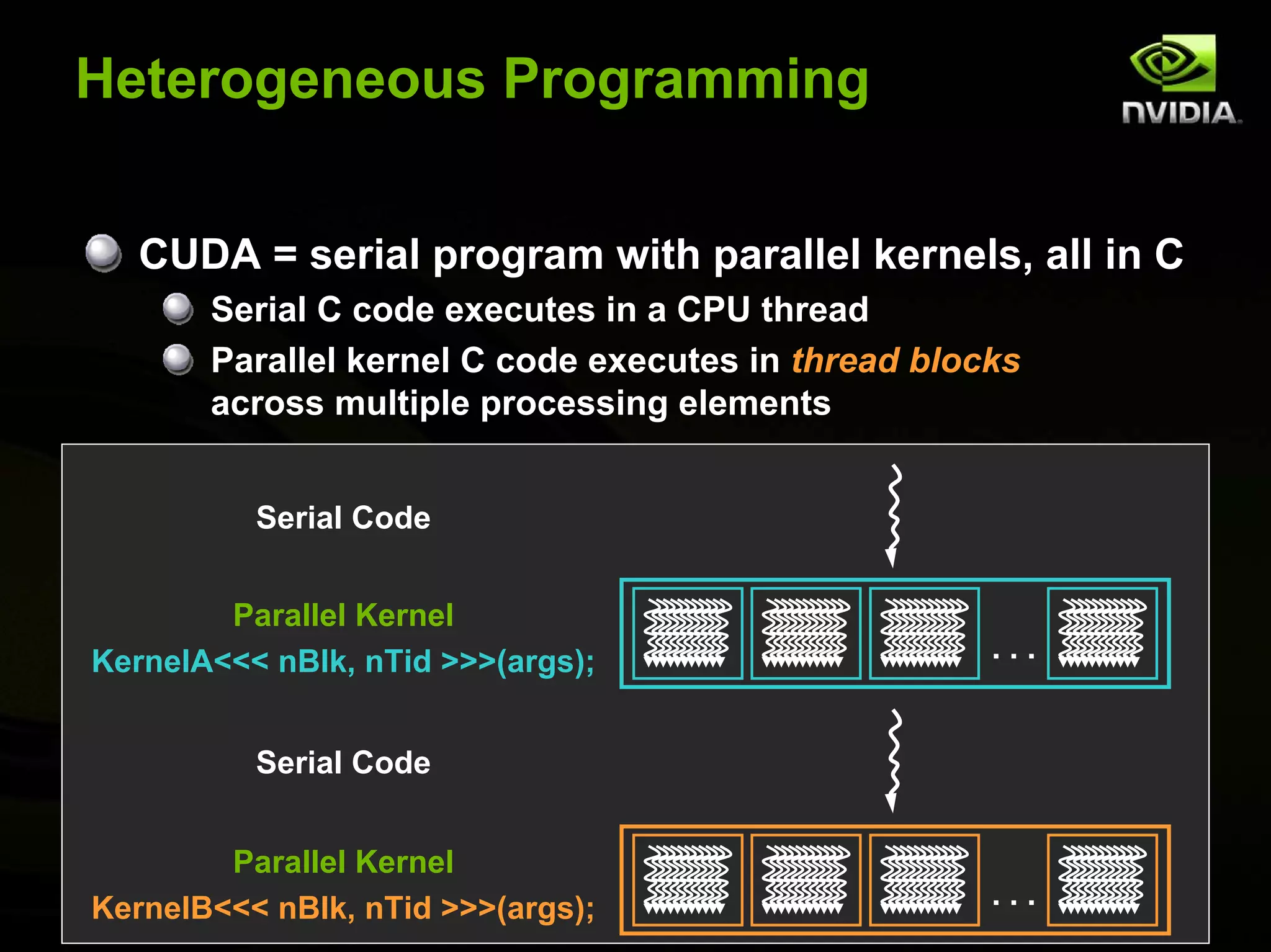 Heterogeneous Programming


   CUDA = serial program with parallel kernels, all in C
       Serial C code executes in a CPU thread
       Parallel kernel C code executes in thread blocks
       across multiple processing elements


          Serial Code


        Parallel Kernel
KernelA<<< nBlk, nTid >>>(args);                     ...


          Serial Code


        Parallel Kernel
KernelB<<< nBlk, nTid >>>(args);                     ...
 