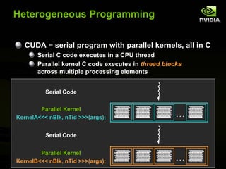 Heterogeneous Programming


   CUDA = serial program with parallel kernels, all in C
       Serial C code executes in a CPU thread
       Parallel kernel C code executes in thread blocks
       across multiple processing elements


          Serial Code


        Parallel Kernel
KernelA<<< nBlk, nTid >>>(args);                     ...


          Serial Code


        Parallel Kernel
KernelB<<< nBlk, nTid >>>(args);                     ...
 