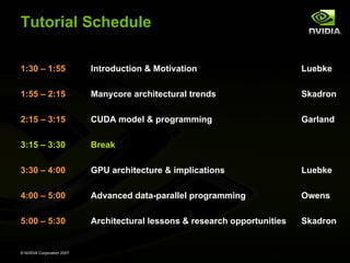 Tutorial Schedule

1:30 – 1:55                 Introduction & Motivation                        Luebke

1:55 – 2:15                 Manycore architectural trends                    Skadron

2:15 – 3:15                 CUDA model & programming                         Garland

3:15 – 3:30                 Break

3:30 – 4:00                 GPU architecture & implications                  Luebke

4:00 – 5:00                 Advanced data-parallel programming               Owens

5:00 – 5:30                 Architectural lessons & research opportunities   Skadron


© NVIDIA Corporation 2007
 