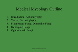 Medical Mycology Outline ,[object Object],[object Object],[object Object],[object Object],[object Object],www.freelivedoctor.com 