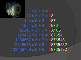 1 x 8 + 1 = 912 x 8 + 2 = 98123 x 8 + 3 = 9871234 x 8 + 4 = 987612345 x 8 + 5 = 98765123456 x 8 + 6 = 9876541234567 x 8 + 7 = 987654312345678 x 8 + 8 = 98765432123456789 x 8 + 9 = 987654321