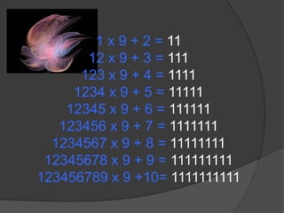 1 x 9 + 2 = 1112 x 9 + 3 = 111123 x 9 + 4 = 11111234 x 9 + 5 = 1111112345 x 9 + 6 = 111111123456 x 9 + 7 = 11111111234567 x 9 + 8 = 1111111112345678 x 9 + 9 = 111111111123456789 x 9 +10= 1111111111