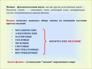Физика  позволяет выводить общие законы на основании изучения простых явлений .  МЕХАНИЧЕСКИЕ ЭЛЕКТРИЧЕСКИЕ МАГНИТНЫЕ ТЕПЛОВЫЕ ЗВУКОВЫЕ СВЕТОВЫЕ ВНУТРИАТОМНЫЕ ВНУТРИЯДЕРНЫЕ ФИЗИЧЕСКИЕ  ЯВЛЕНИЯ Задача физики  – установление  “ законов ”  окружающего мира.  Физика  –  фундаментальная наука , так как другие естественные науки — биология, химия… – описывают лишь некоторый класс материальных систем, подчиняющихся законам физики. 