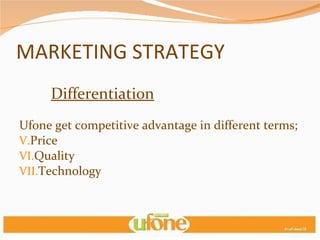 MARKETING STRATEGY Differentiation Ufone get competitive advantage in different terms; Price Quality Technology 