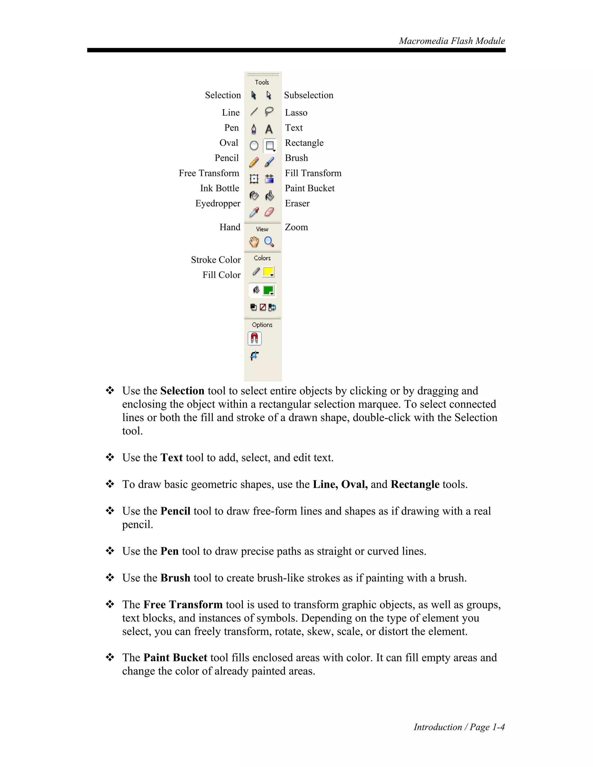 Macromedia Flash Module




                      Selection        Subselection
                          Line         Lasso
                          Pen          Text
                         Oval          Rectangle
                        Pencil         Brush
                Free Transform         Fill Transform
                    Ink Bottle         Paint Bucket
                   Eyedropper          Eraser

                         Hand          Zoom


                  Stroke Color
                     Fill Color




 Use the Selection tool to select entire objects by clicking or by dragging and
  enclosing the object within a rectangular selection marquee. To select connected
  lines or both the fill and stroke of a drawn shape, double-click with the Selection
  tool.

 Use the Text tool to add, select, and edit text.

 To draw basic geometric shapes, use the Line, Oval, and Rectangle tools.

 Use the Pencil tool to draw free-form lines and shapes as if drawing with a real
  pencil.

 Use the Pen tool to draw precise paths as straight or curved lines.

 Use the Brush tool to create brush-like strokes as if painting with a brush.

 The Free Transform tool is used to transform graphic objects, as well as groups,
  text blocks, and instances of symbols. Depending on the type of element you
  select, you can freely transform, rotate, skew, scale, or distort the element.

 The Paint Bucket tool fills enclosed areas with color. It can fill empty areas and
  change the color of already painted areas.



                                                                  Introduction / Page 1-4
 