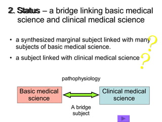 2. Status – a bridge linking basic medical science and clinical medical science a synthesized marginal subject linked with many subjects of basic medical science. a subject linked with clinical medical science ? ? 2. Status Basic medical science Clinical medical science pathophysiology A bridge subject 