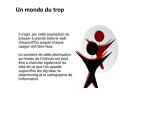 Un monde du trop



Il s'agit, par cette expression de
brosser à grands traits le web
d'aujourd'hui auquel chaque
usager doit faire face.

Le corolaire de cette atomisation
au niveau de l'individu est peut
être à chercher également du
côté de ce que l'on appelle
aujourd'hui les big data, le
dataminning et la cartographie de
l'information.
 